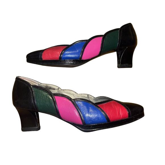 Van Eli Shoes - Vintage Van Eli Colorblock Patchwork Pumps 80s 90s Mid Heel Rainbow Retro SZ8.5
